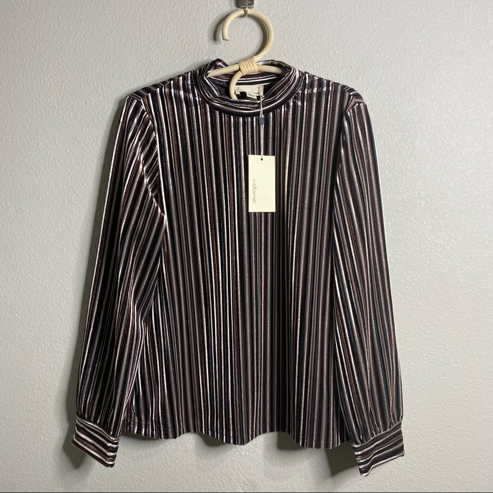The Korner Velvet Striped Mock Neck Top Small NWT Black Burgundy Silver - Picture 9 of 13